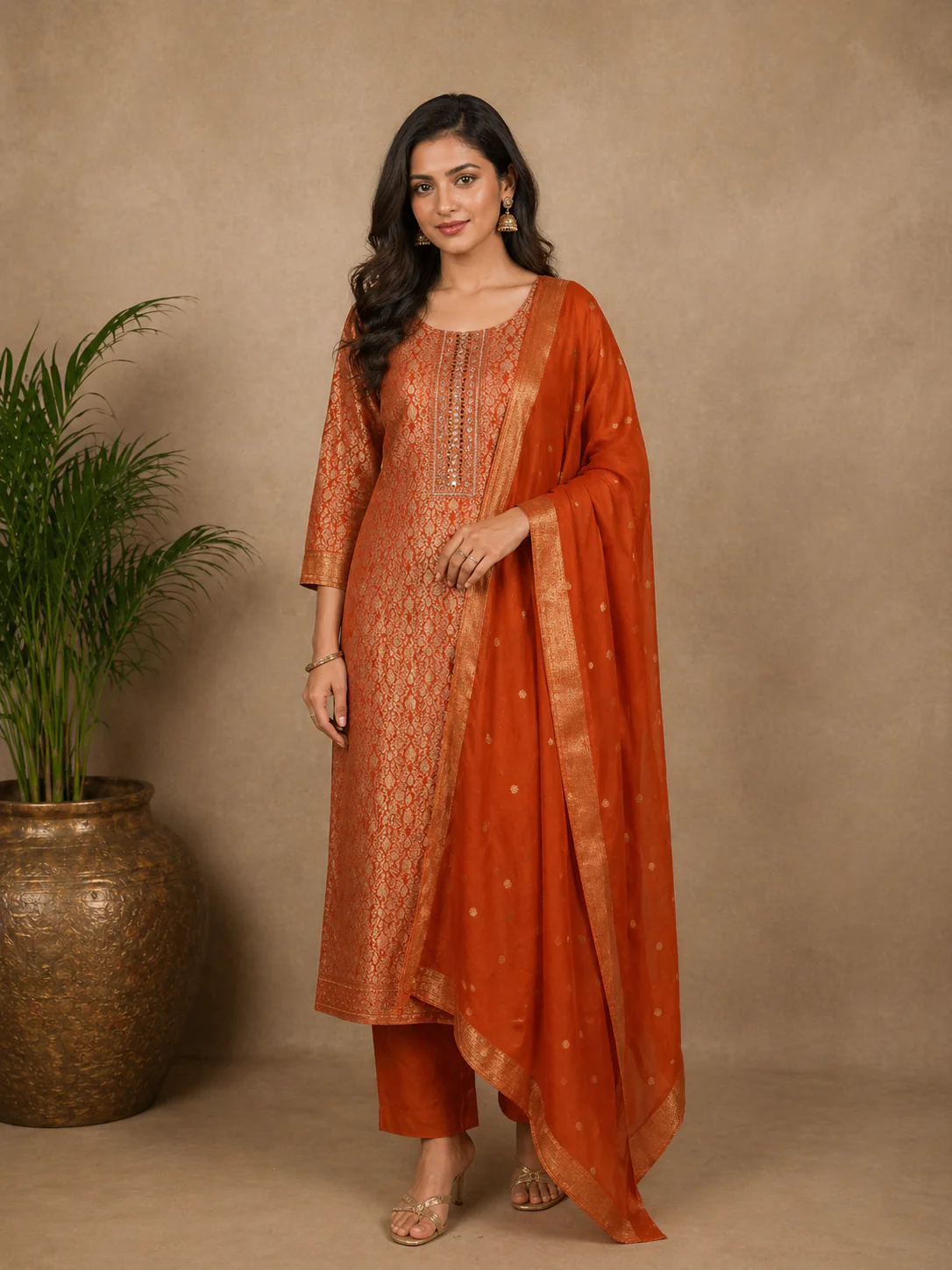 Orange Floral Design Banarasi silk Salwar Suit